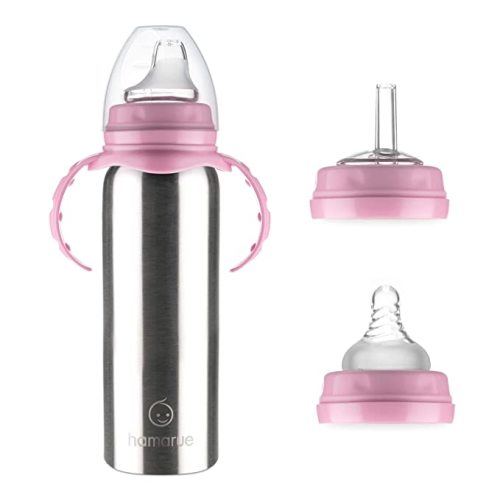 3-in-1 Stainless Steel Sippy Cups for Toddlers | Non-Toxic Insulated Stainless Steel Baby Bottle | Straw Cup With Removeable Handles | Plastic Free Liquid Transfer (8 oz Pink)