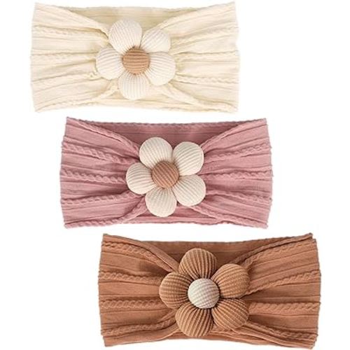 3 Pcs Baby Flower Headbands Baby Girls Nylon Headbands Soft Hairbands Hair Accessories for Newborn Infant Toddler Kids (Yellow,Pink,Brown)