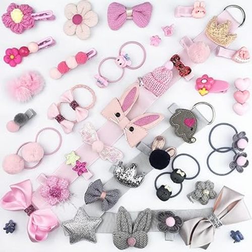 Baby Girl's Hair Clips Cute Hair Bows Baby Elastic Hair Ties Hair Accessories Ponytail Holder Hairpins Set for ittle Girls Teens Toddlers,48 pieces Pack (Grey & Light Pink)