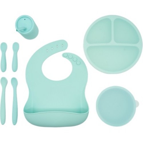 WeeSprout Baby Led Weaning Bundle, Silicone Suction Bowl, Spoons, Bib & Cup - Mint