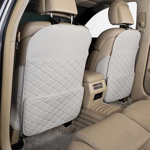 Back Seat Protector + Large Capacity Pocket Storage Organizer,Preventing the Impact of Children Stepping on the Seat Backrest (Cream White)
