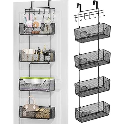 HapiRm Over The Door Organizer - Hanging Door Organizer with 4 Metal Large Capacity Baskets and Adjustable Coat Hook, Behind Door Storage for Bathroom Bedroom Kitchen Pantry Closet Cabinet