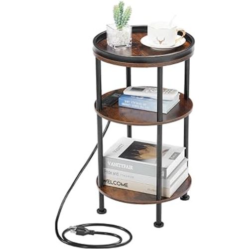 Small Round End Table with Charging Station for Narrow and Small Space, 3-Tier Accent Couch Beside Table with USB Ports & Power Outlets,Sofa Side Table for Living Room Bedroom Apartment (Rustic Brown)
