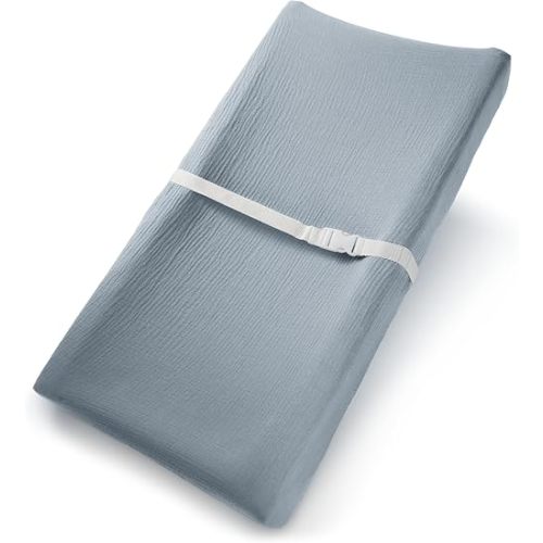 Comfy Cubs Muslin Fitted Changing Pad Cover - Soft, Breathable & Washable 100% Cotton Fitted Sheet for Baby's Comfort - Universal Fit for Flat & Curved Baby Changer Pad - Pacific Blue