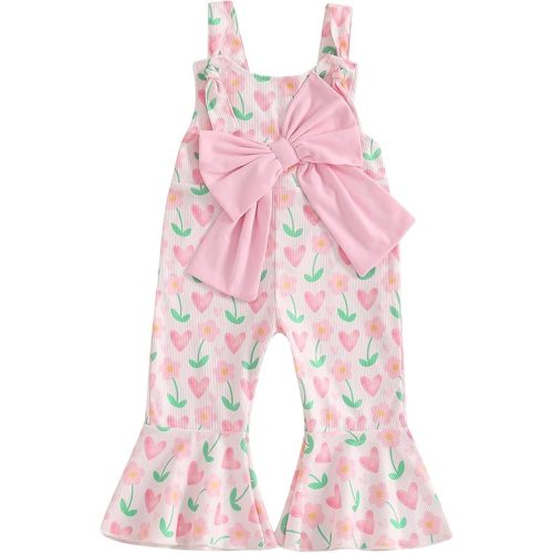Toddler Kids Baby Girl Valentines Bell-Bottom Jumpsuit Romper Overalls Heart Print Flare Pants Outfits