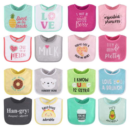 The Peanutshell Baby Girl Terry Bibs, 16 Pack for Feeding, Teething, or Drooling, Girl Foods/Neutral Foods