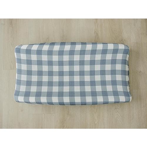 Mebie Baby Changing Pad Cover, Dusty Blue Wavy Checkered, 100% Muslin Cotton Changing Table Pad Cover for Boy and Girl, Designer Nursery Decor Covers, Diaper Changing Pad Cover for Changing Station