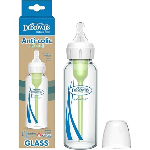 Dr. Brown's Natural Flow Anti-Colic Options+ Narrow Glass Baby Bottle, 8 oz/250 mL, with Level 1 Slow Flow Nipple, 1 Pack, 0m+