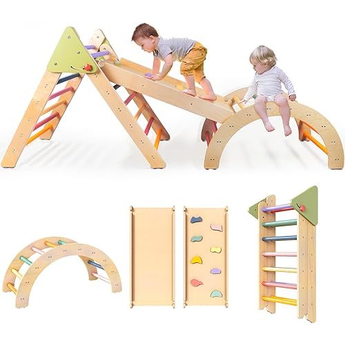 LOL-FUN Pikler Triangle Set with Slide for Toddler 1-3, Montessori Climbing Toys for 1 Year Old, Toddler Climbing Toys Indoor Pickler Climbing Set, Foldable Wooden Climber Jungle Gym for Kids