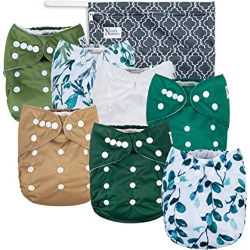 Nora's Nursery Cloth Diapers 7 Pack with 7 Bamboo Inserts & 1 Wet Bag - Waterproof Cover, Washable, Reusable & One Size Adjustable Pocket Diapers for Newborns and Toddlers - Sage and Sea