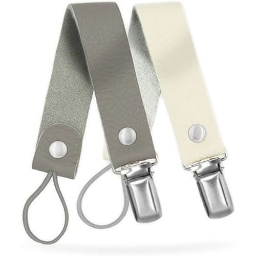 Giga Pack of 2 Baby Pacifier Clips are Handmade with 100percent Natural Leather Material and Our Product which has Prevents The Little Ones' Pacifiers Small Toys and teether Grey and White