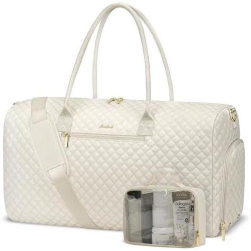 Weekender Travel Duffle Bag for Women: Overnight Bags with Shoe Compartment Carry on Bags for Airplanes with Toiletry Bag Hospital Bag Weekend Yoga Gym Bag with Wet Pocket Travel Duffel Tote Bag Beige