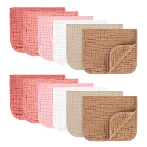 MIGIOL Muslin Burp Cloths 100% Cotton Pack of 12. Soft, Gentle & Absorbent Baby Burp Cloths for Baby Girl & Boys.(Pink & Coffee 12 Pieces)