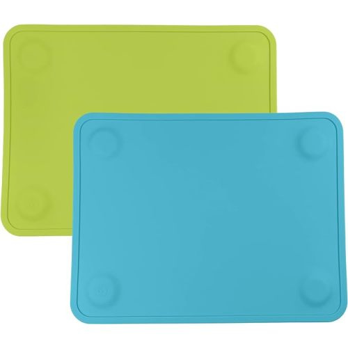 WeeSprout Silicone Suction Placemats for Babies, Toddlers & Kids, Durable Food Grade Silicone with Non-Slip Suction, Dishwasher Safe, for Dining Table & Restaurants + Travel Case, 2 Pack - Small - Bright Blue, Green