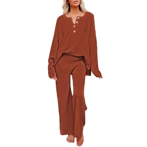 Pink Queen Women's 2 Piece Outfit Set Long Sleeve Button Pullover Sweater Top and Wide Leg Pants Knit Sweatsuit