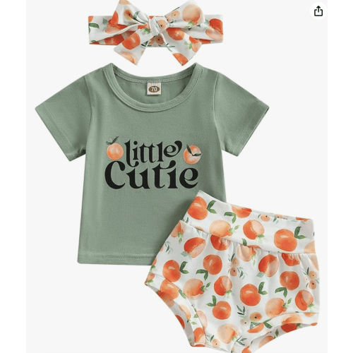 Ynibbim 0-24 Months Infant Baby Girls Summer Clothes Newborn Shorts Set Letters Print Tops & Peach Print Shorts 3Pcs Outfits - 0-6 Months - A - Peach Green