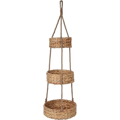 KINGWILLOW 3 Tier Hanging Fruit Basket, Handmade Natural Water Hyacinth Wall Vegetable Storage Baskets, Space Saver for Kitchen Organizing Plant Holder
