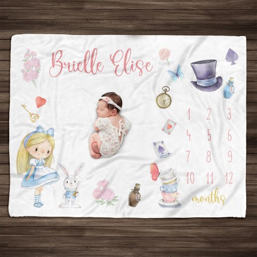 Personalized Alice In Onederland Baby Girl Milestone Blanket, Baby Girl Milestone Blanket Personalized Baby Month Blanket Baby Blanket