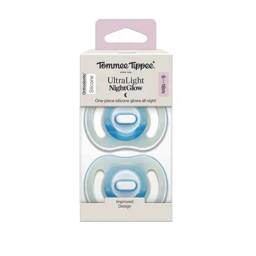 Tommee Tippee Ultra-Light StayPut Night Glow Soother 6-18M 2Pack | Blue