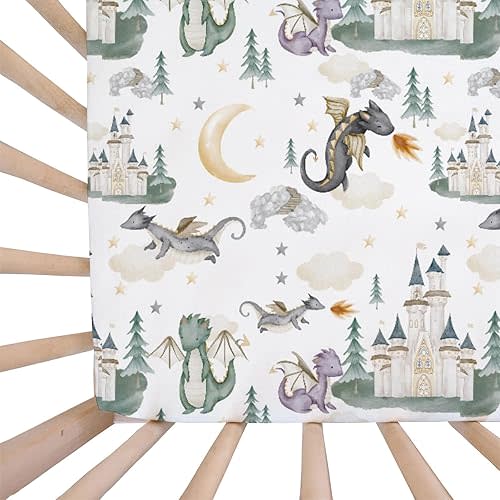 Baby Boy Girl Standard Crib Sheet Covers Dragon Tale Castle, Watercolor Green Moon Cloud Star Tree Snug Fitted Toddler Mattress Sheet, Soft Stretchy Breathable Kid Nursery Bed Decor Gift 52x28