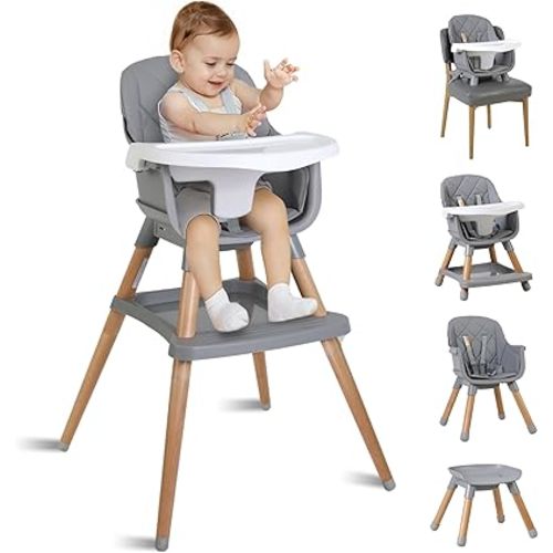 7 in 1 Wooden High Chairs for Babies Toddlers, Convertible to Booster Seat, Baby Feeding Highchair w/ 5-Point Safety Harness, Removable Tray & Cushion, Grey