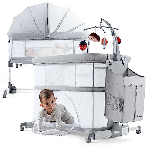 besrey 5 in 1 Baby Bassinet Bedside Sleeper, Playpen with Bassinet & Baby Cradle, Adjustable Bedside Crib for Newborn Infant with Mobile Toy Hanger, Hanging Diaper Bag, Mosquito Net, Mattress