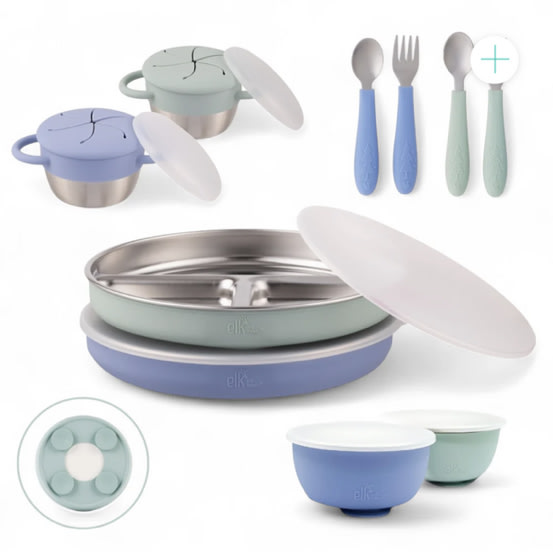 Stainless Steel Mealtime Bundle | Plates, Bowls, Snack Cups + Toddler Utensils | Suction Sleeves | Sage/MistyBlue