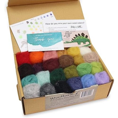 Woolbuddy Felting Wool - Clean, Carded, Assorted Colors Roving Wool for Needle Felting and Wet Felting, Corriedale Wool, Includes 24 Eco Needle Felting Wool and Guide Card