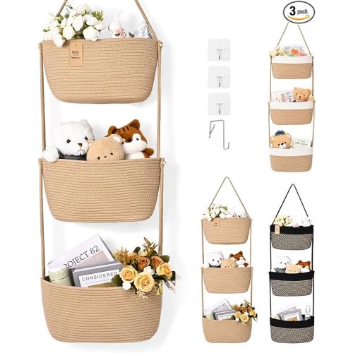 Hanging Basket, 3-Tier Wall Baskets, Over the Door Organizer with 4 Hooks, Hanging Baskets for Organizing, Woven Storage Basket Behind the Door for Nursery, Bedroom, Living Room, Kitchen