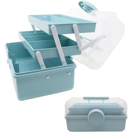 Large First Aid Storage Box, 3 Layers Plastic Medication Storage with Portable Handle, Art & Crafts Case/Sewing Supplies Organizer/Medicine Box/Family First Aid Box(Blue)
