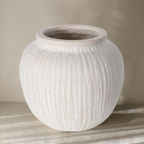 Large Rustic Minimalist Vase, 9.84" Distressed Round Floor Vase for Home Decor, Farmhouse Decorative Centerpieces for Living Room Bedroom, Vintage White