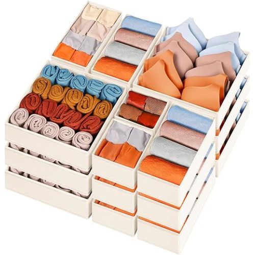 Criusia Closet Drawer Organizer Clothes, 15 Pack Dresser Organizer for Baby Clothes, Fabric Drawer Dividers for Nursery Bedroom (Beige)