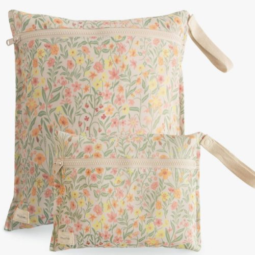 mushie Water Resistant Wet Bags | Large & Small Reusable Storage Bag for Baby Items and Travel | Zippered Pockets with Handle | Machine Washable, Set of 2 (Pastel Blooms)