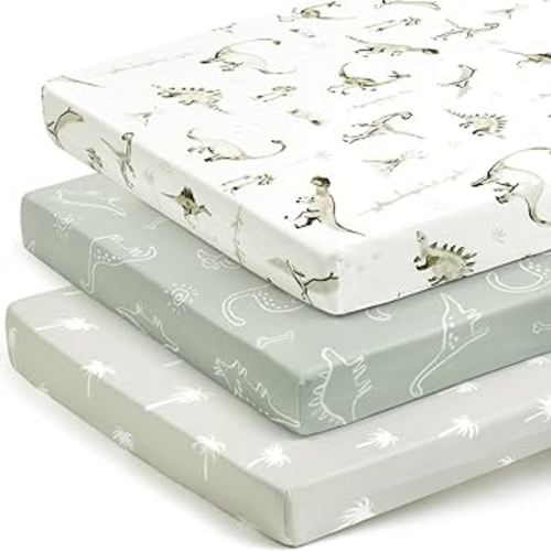 GRSSDER Pack n Play Sheets Fitted 3 Pack, Stretchy Ultra Soft Jersey Knit Pack and Play Sheets, Universal Fitted Portable/Mini Crib Mattresses Snug and Safe, Cute Dinosaurs for Boy and Girl