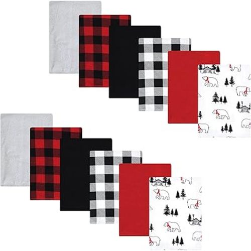 Hudson Baby Unisex Baby Cotton Flannel Burp Cloths Bundle, Buffalo Plaid Bear, One Size