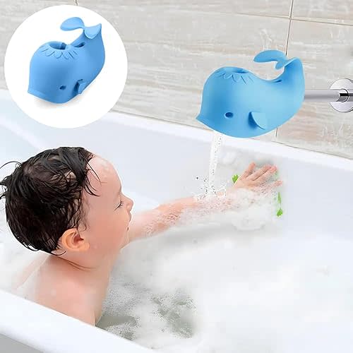 PandaEar Bath Spout Cover, Baby Bathtub Faucet Cover, Baby Shower Protector Cover for Kids Toddlers, Universal Fit -Whale (Blue)