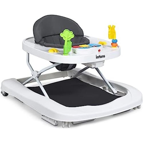 INFANS Foldable Baby Walker, 3 in 1 Toddler Walker Bouncer, Learning-Seated, Walk-Behind, Music, Adjustable Height, High Back Padded Seat, Detachable Trampoline Mat, Activity Walker with Toys (Grey)