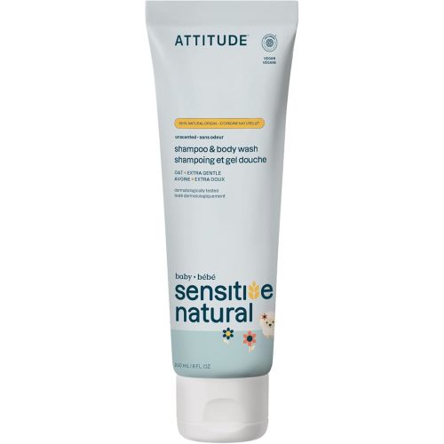 ATTITUDE Baby 2-in-1 Shampoo and Body Wash, EWG Verified, Extra Gentle, Enriched with Oatmeal, Dermatologically Tested, Vegan, Unscented, 8 Fl Oz