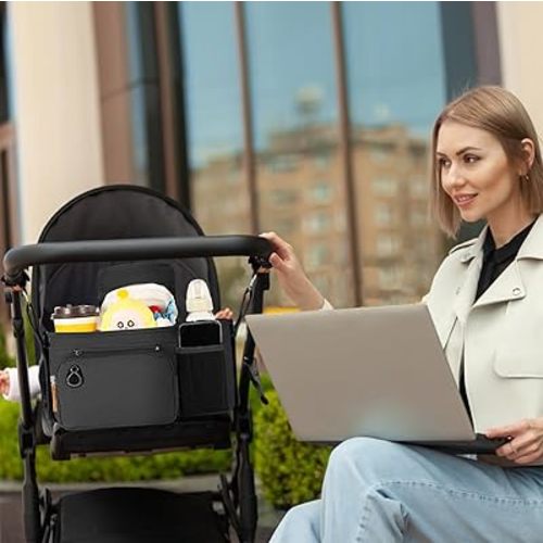 Universal Stroller Organizer with Insulated Cup Holder and Phone Holder, Large Pocket, Fits Most of Stroller Like Baby Jogger, Britax, BOB, Umbrella, Doona (Black)