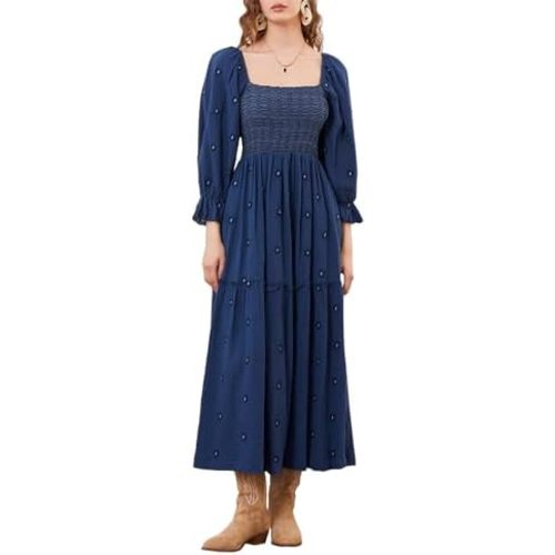 Argeousgor Women 2025 Bohemian Floral Dress Square Neck Ruffle Swing A Line Maxi Dress Long Sleeve Beach Long Dress