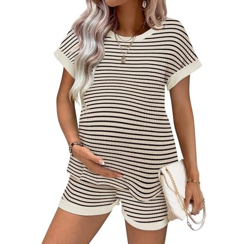 Ekouaer Women's Waffle Knit Maternity Pajamas 2 Piece Outfits Short Sleeve Tops and Shorts Loungewear Set Pregnancy Clothes