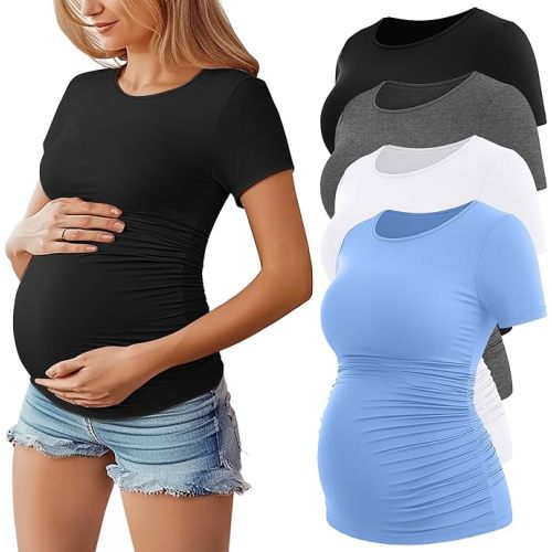 Huukeay 4 Pack Women's Maternity Shirts, Crew Neck Maternity Top Short Sleeve Casual Cotton Tee Side Ruched Pregnancy Clothes