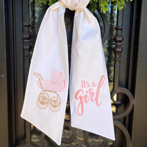 Its A Girl or Its A Boy Hospital Door Hanger Announcement Embroidered Baby Carriage Wreath Sash