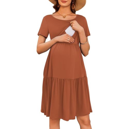 Ekouaer Nursing Dress Summer Short Sleeve Breastfeeding Casual Knee Length Maternity Dresses S-XXL