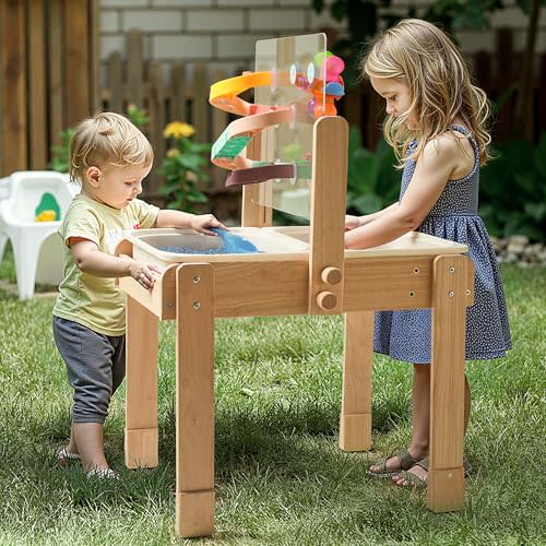 bopoobo Sand and Water Table for Toddlers, 4 in 1 Kids Wooden Sensory Activity Table with 2 Storage Bins, Painting Acrylic Board, Slide Track Toy & Windmill Suction Cups Toy, Beach Accessories