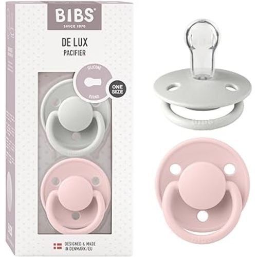 BIBS Pacifiers - De Lux Collection | BPA-Free Round Nipple | Silicone | Made in Denmark | Set of 2 Blossom/Haze Color Premium Soothers | Size One Size