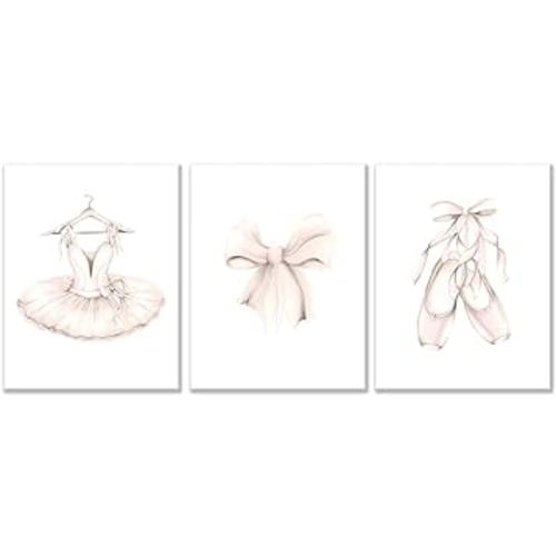 Ballet Dress Wall Art Ballerina Poster Nursery Canvas Painting Pink Dancing Shoes Tie Print Nordic Picture Girls Bedroom Decor 12x16inchx3pcs Unframed