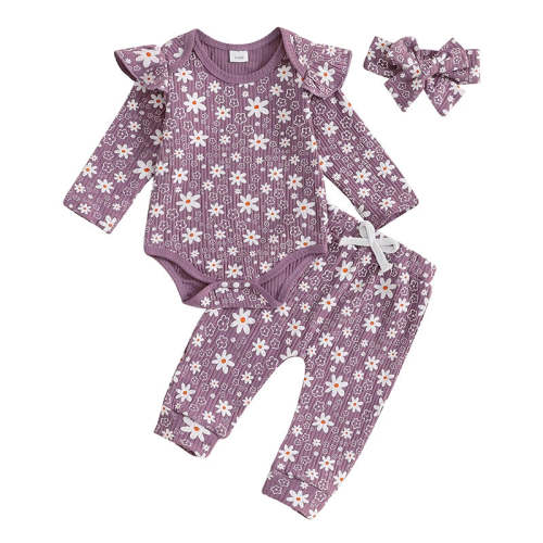 Baby Girl 3Pcs Spring Fall Outfit Floral Print Long Frill Sleeve Rompe – August + Willow