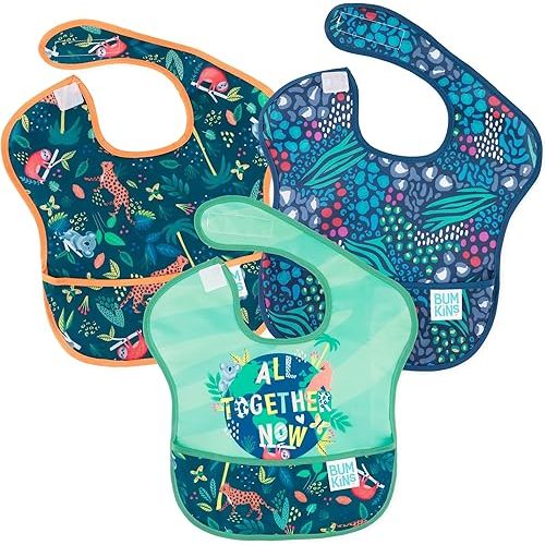 Bumkins Bibs for Girl or Boy, SuperBib Baby and Toddler for 6-24 Months, Essential Must Have for Eating, Feeding, Baby Led Weaning Supplies, Mess Saving Catch Food, Waterproof Fabric 3-pk Jungle