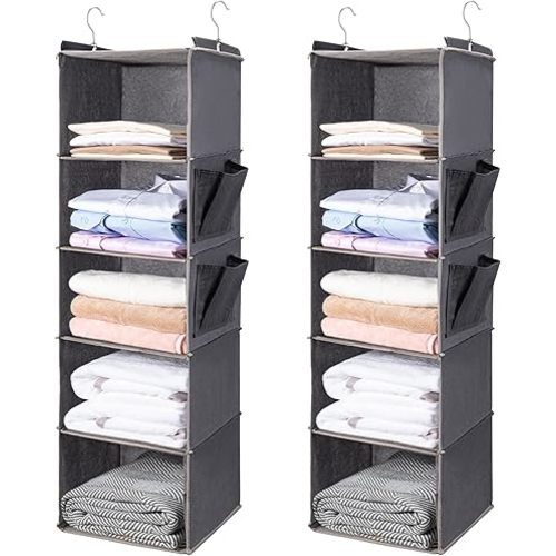 BOOMIBOO Hanging Closet Organize and Shelves,5-Hanging Shelf with 2 Side Pockets,Storage Foldable (2 Pack ,Grey)